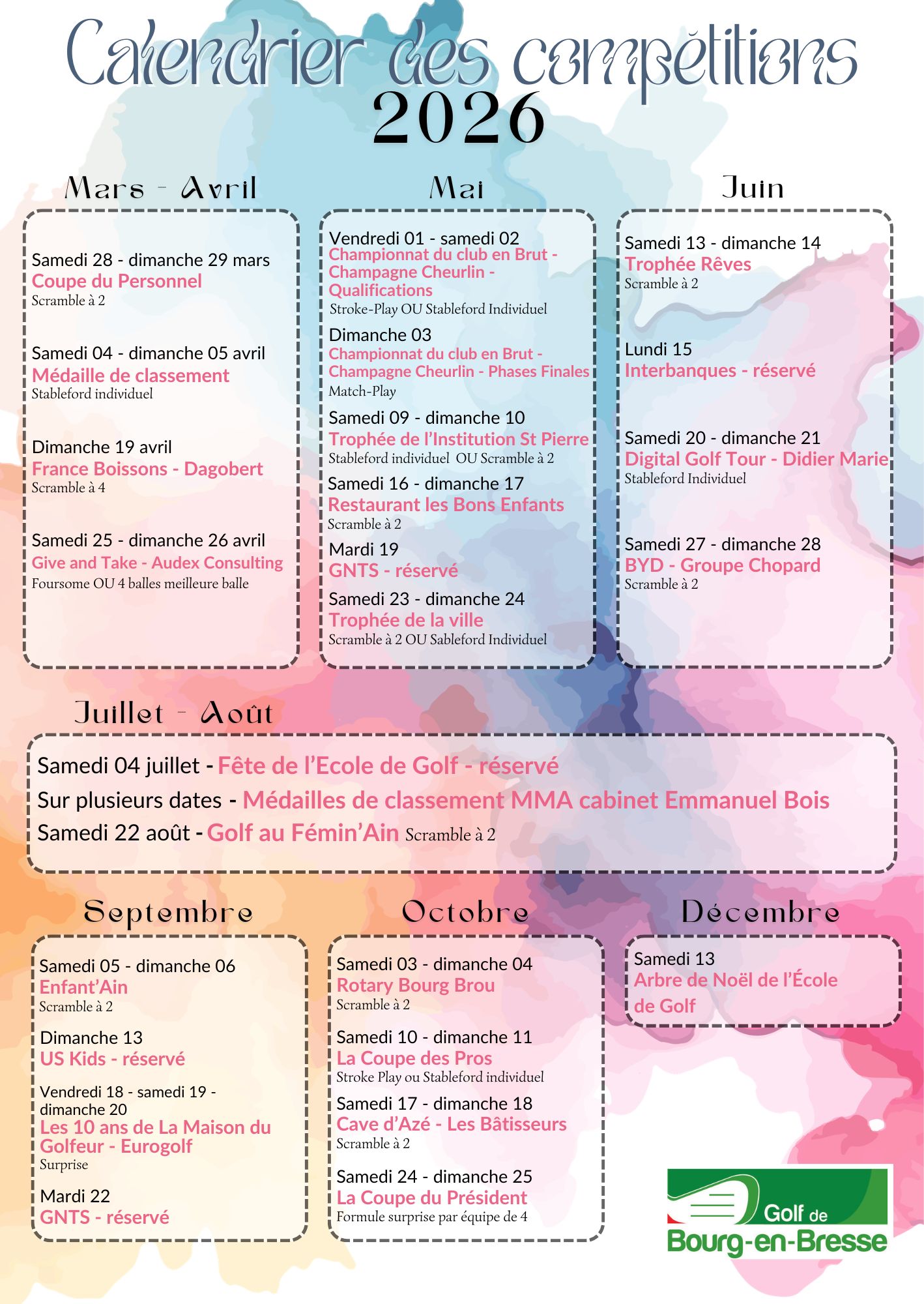 Calendrier des compétitions 2026