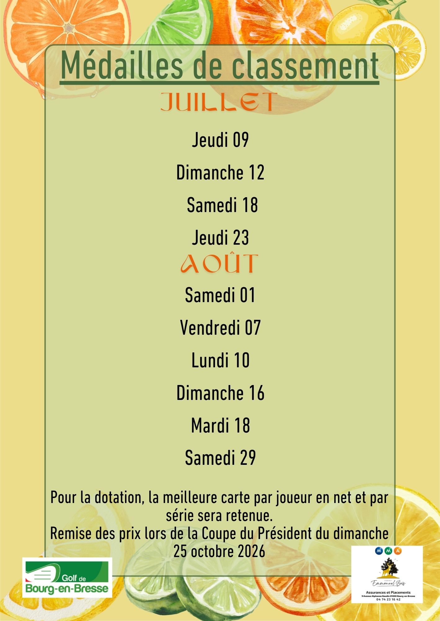 Médailles de classement - été 2026